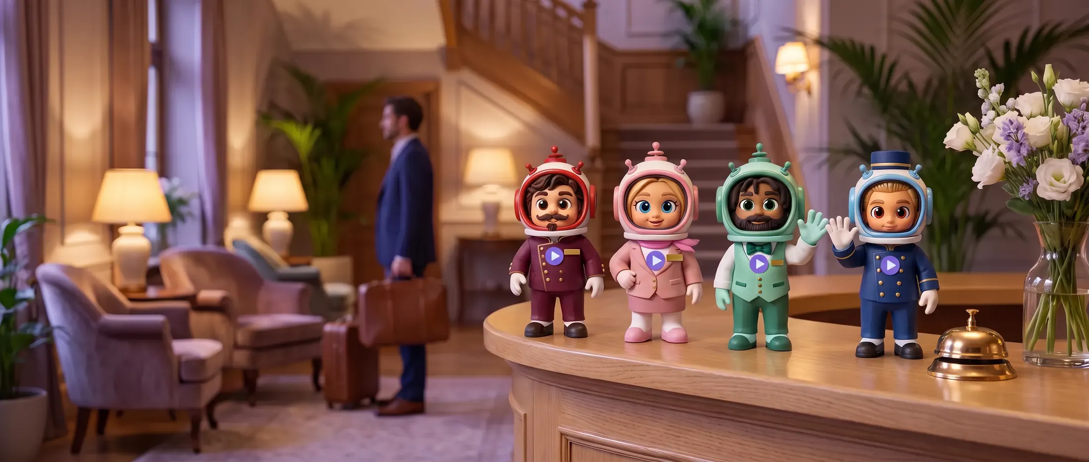 The four GuestJourney helpers in hotel uniforms on the reception desk of a hotel lobby
