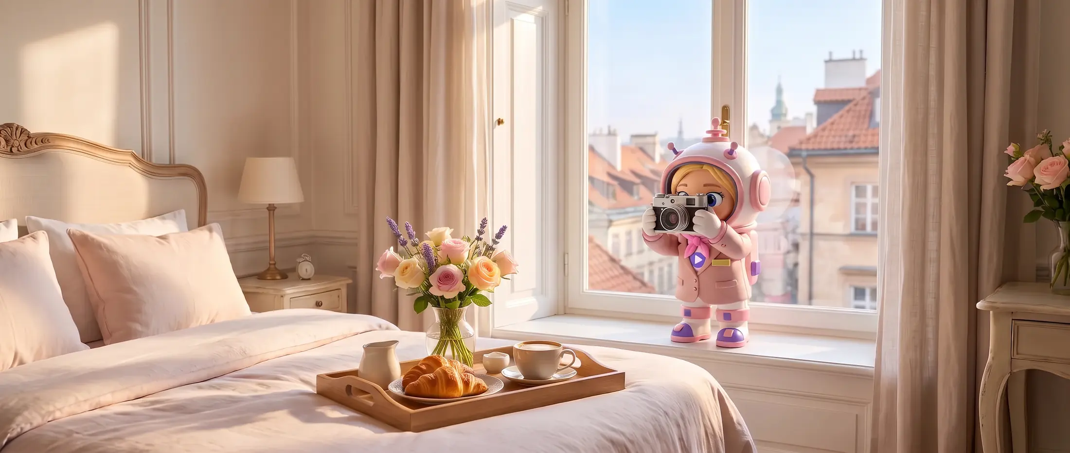 Gigi on the windowsill of a bright hotel room, photographing a breakfast tray on the bed
