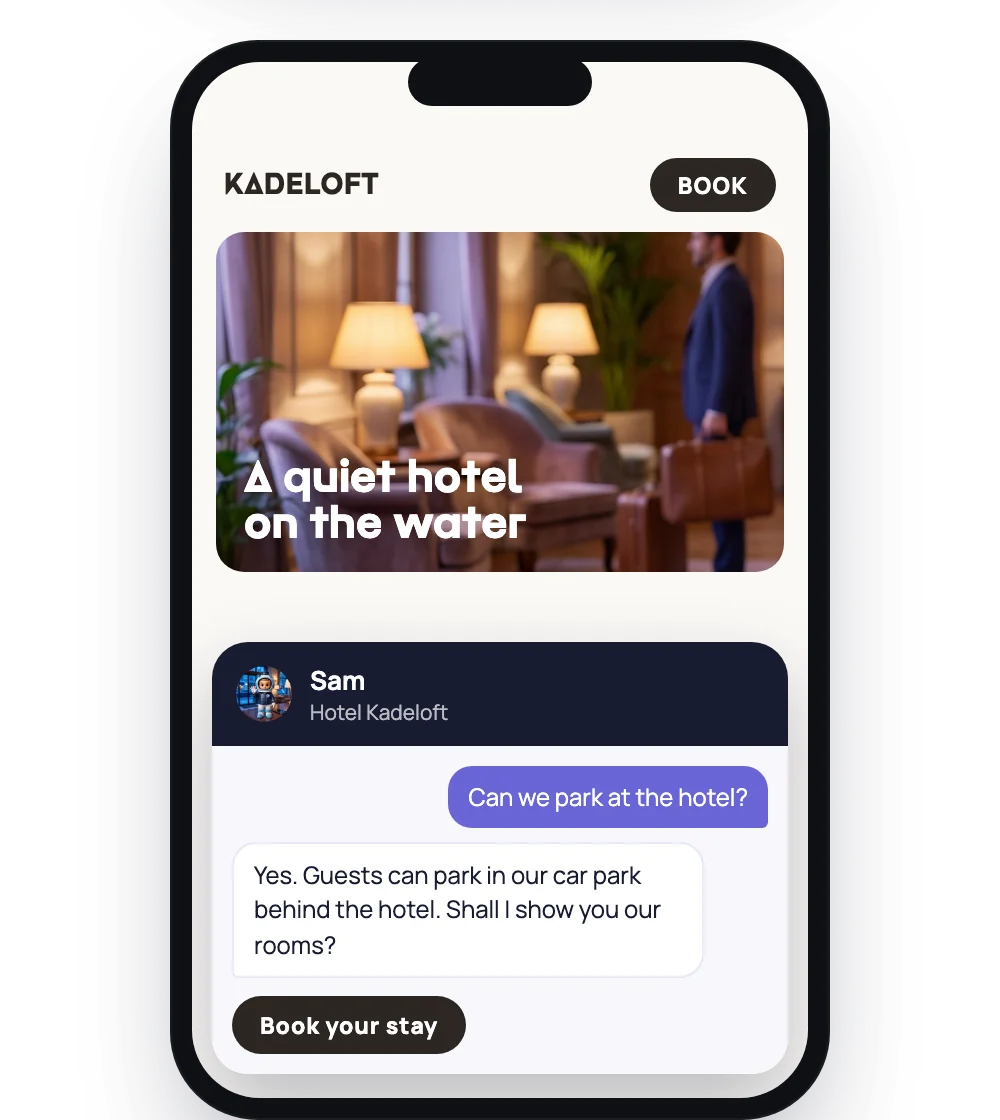 Sam answering a guest's question in the chat on a hotel website, with a button to book