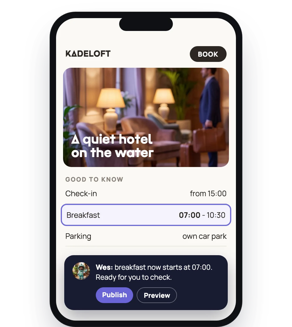 A hotel website on a phone with a Book button and a change from Wes ready to publish