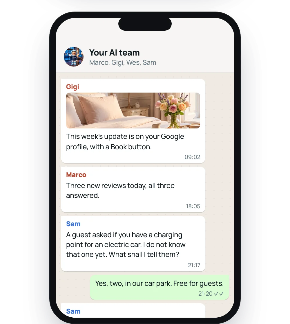 A WhatsApp chat in which Sam asks the owner of a hotel a guest's question and passes the answer on