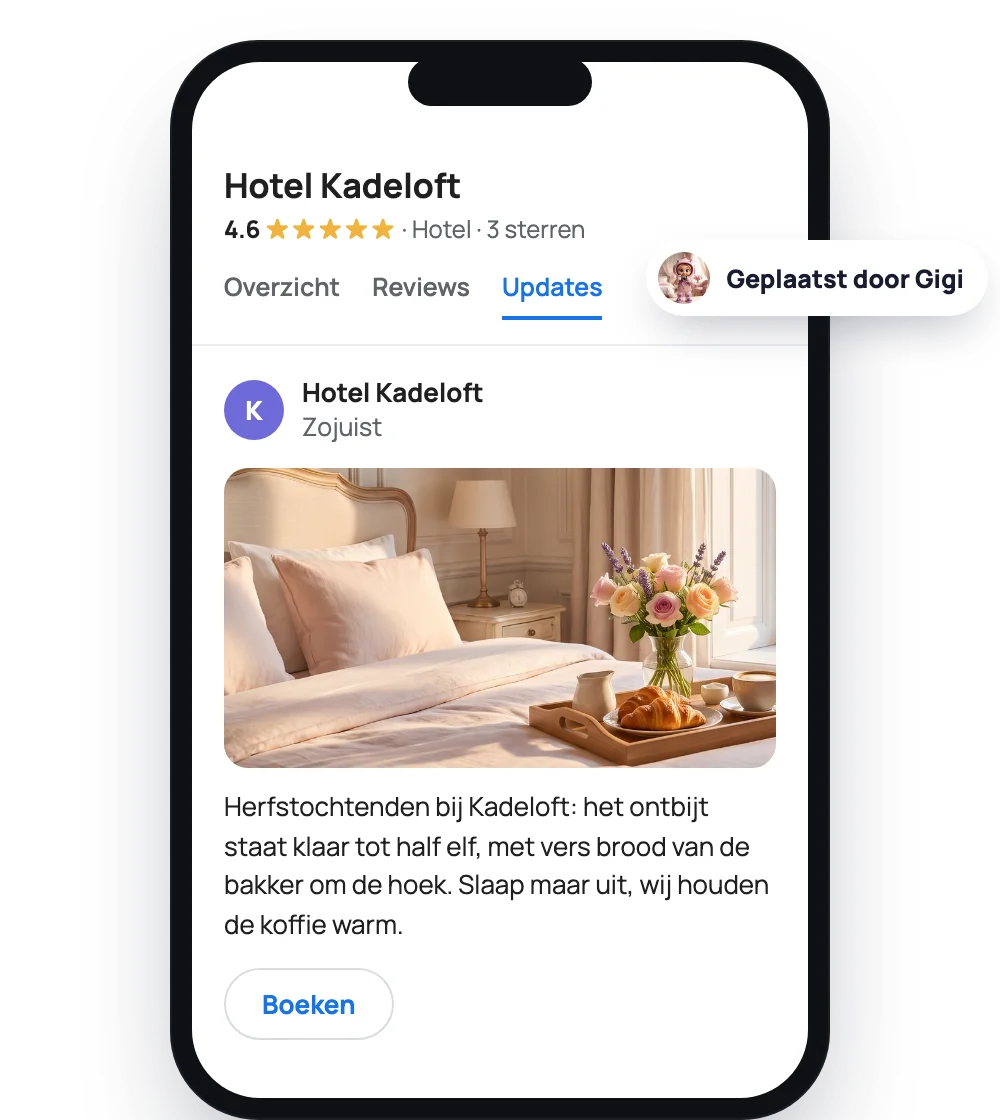 Een wekelijkse update van Gigi op het Google-profiel van een hotel, met een knop om te boeken