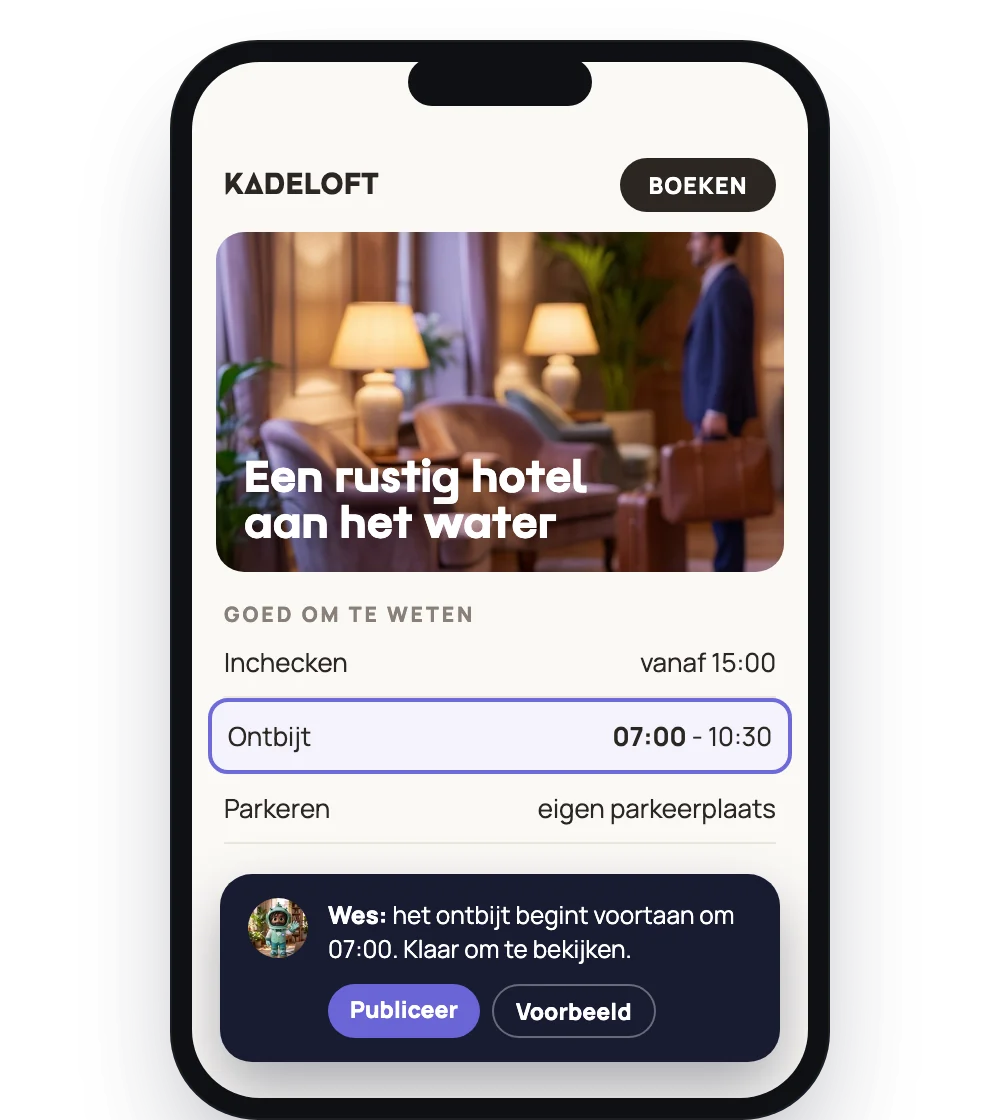Een hotelwebsite op een telefoon met een boekknop en een wijziging van Wes, klaar om te publiceren